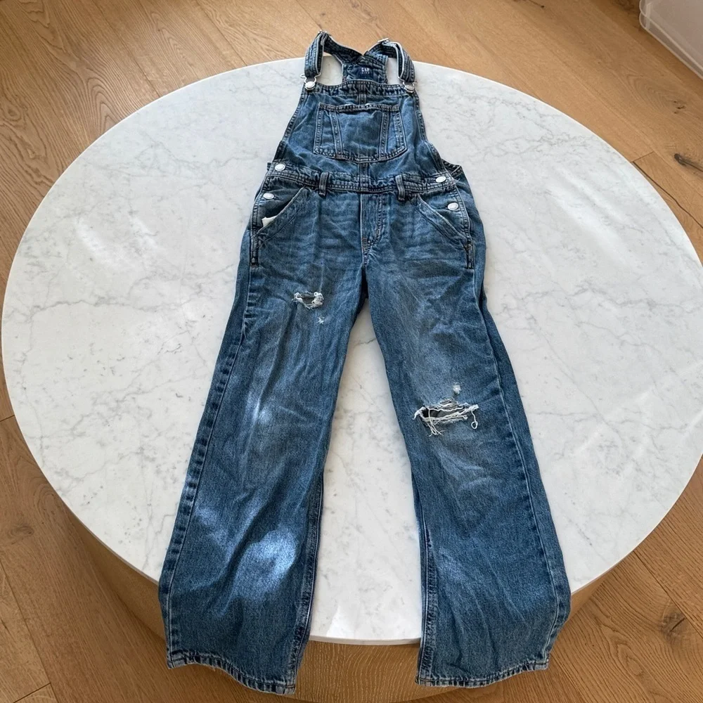 GAP Kids Denim Overalls Girls Large Distressed Wide Leg Adjustable Bib Jeans